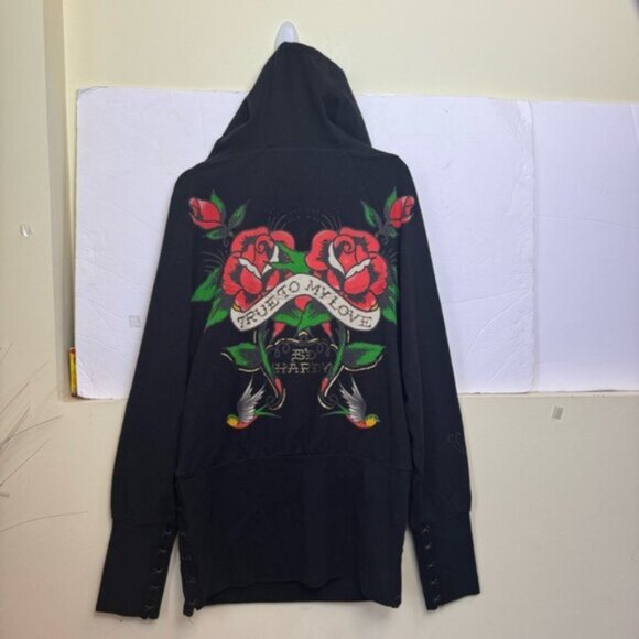 Ed Hardy Vintage Y2K 1/2 Zip Hoodie Cotton Tattoo Roses Graphic Long Sleeves XS - Picture 3 of 16